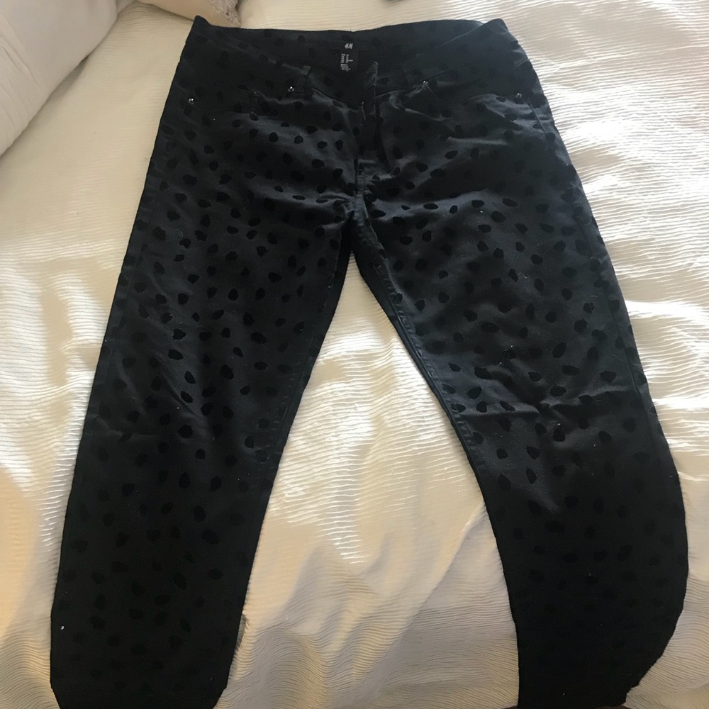Skinny Black Velvet Polkadot Pants